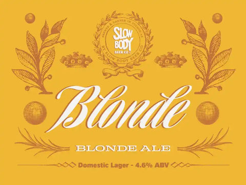 Label for Slow Body Blonde Ale on a yellow background with decorative elements.