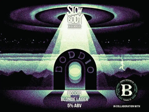 Boddio Blonde Lager beer label with space-themed design and Slow Body Brewing Co branding.
