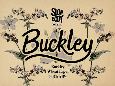 Buckley Wheat Lager label with floral design and Slow Body Beer Co branding on a beige background
