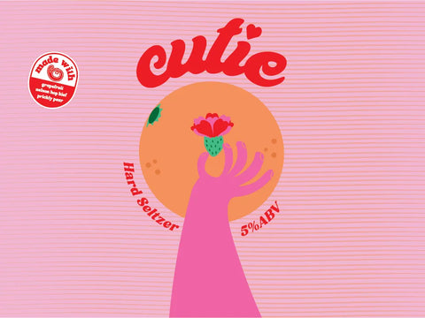 Cutie hard seltzer label with a hand holding a flower against a pink background