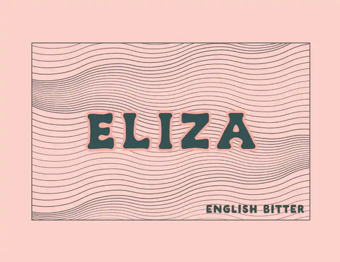 Text 'ELIZA English Bitter' on a pink background with wavy line design