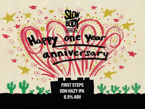 Graphic with "happy one year anniversary" text on illustrated background