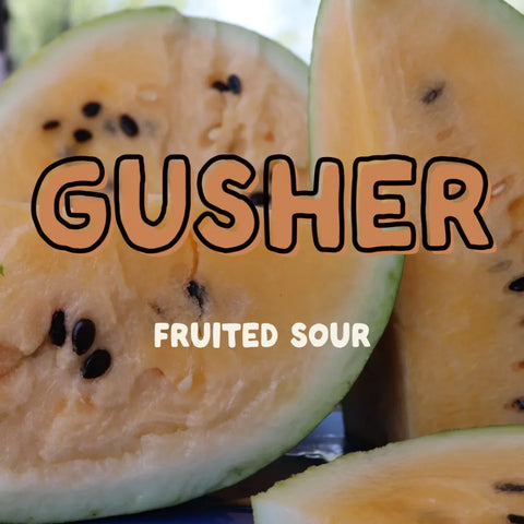 Halved gushmelon with seeds and the word 'Gusher' displayed.