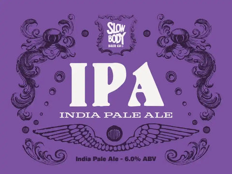 Purple label for Slow Body Beer Co. IPA India Pale Ale with decorative elements.