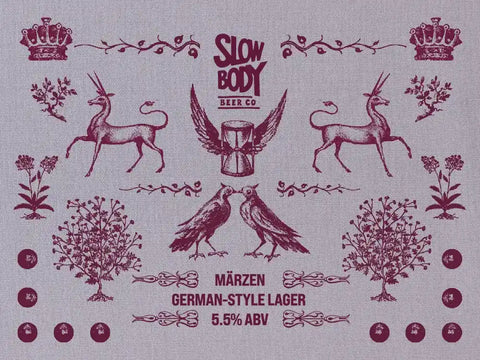 Decorative label for Slow Body Beer Co. beer with birds, deer, and floral elements on a light gray background.