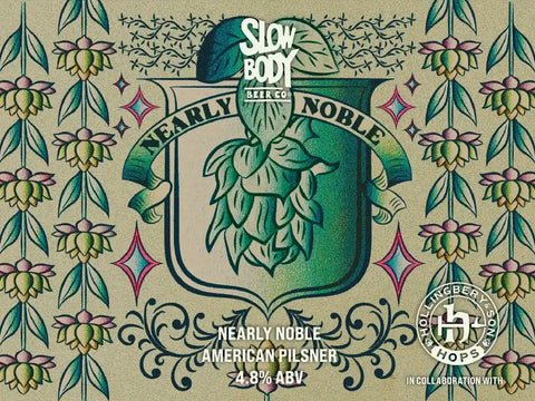 Beer label for 'Nearly Noble' American Pilsner with decorative elements and branding.