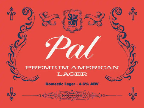 Alcohol label for 'Pal Premium American Lager' with decorative elements on a red background.