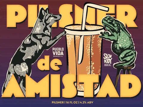 Pilsner de Amistad beer label with dog, cup, and frog illustration on a purple background