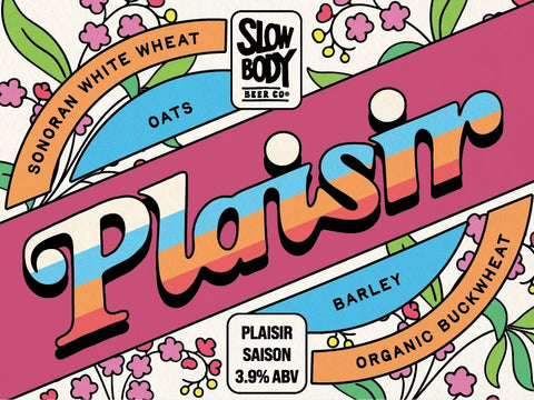 Brewery label with colorful text and branding elements on a pink background