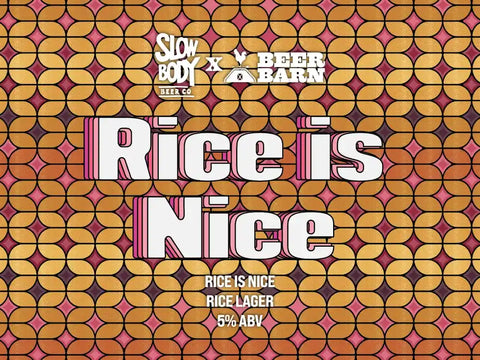 Beer label with 'Rice is Nice' text and brand logos on a patterned background
