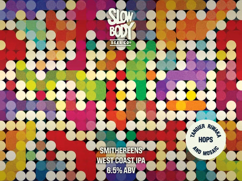 Colorful beer label with 'Slow Body Brewing' branding and text.