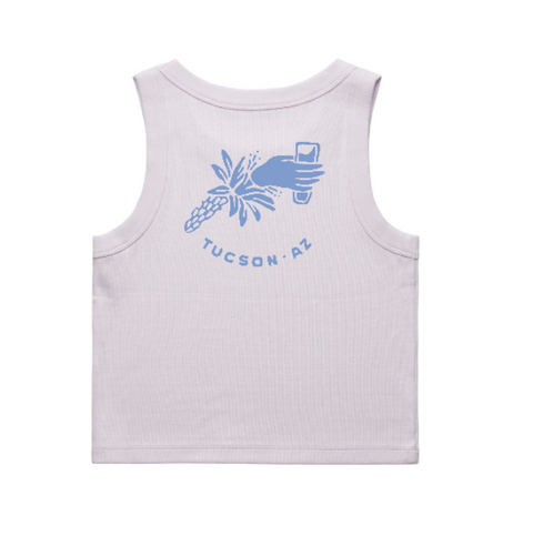 Light gray tank top with blue graphic and text on a white background