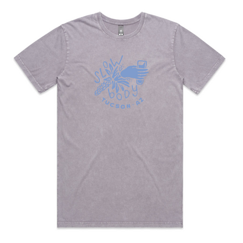 gray shirt with a light blue graphic on the front