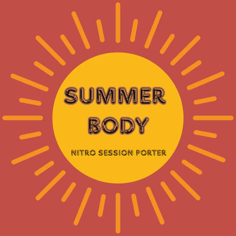 Label for 'Summer Body' nitro session porter with sun design on a red background