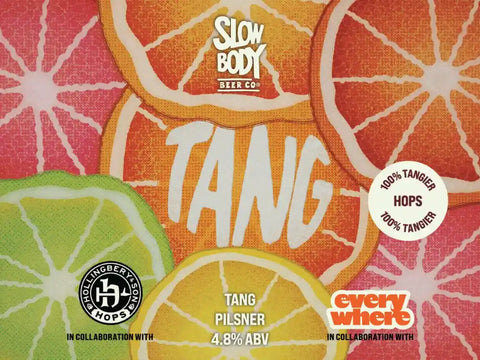 Beverage label with citrus slices and 'Slow Body Beer Co' branding