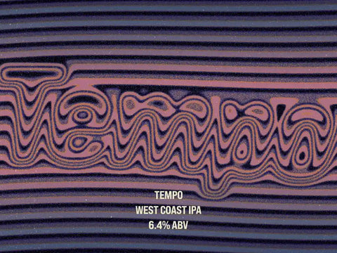 Alcohol label with wavy text design and 'Tempo' branding on a striped background