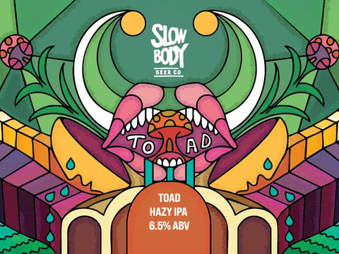 Illustration of a toad with 'Slow Body Beer Co' branding on a green background.