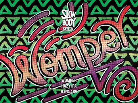 Womper Hazy IPA label with colorful design and 'Slow Body Brewing' branding.