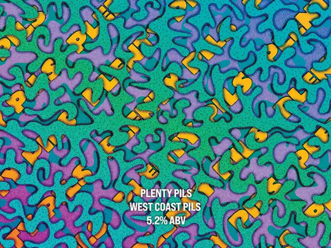 Patterned background with text 'Plenty Pills West Coast Pils' on a green and purple design