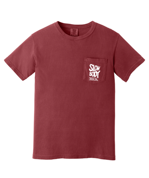 Dark green red shirt with a small logo on a white background