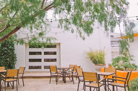 Outdoor patio area with tables, chairs, and plants under a tree.
