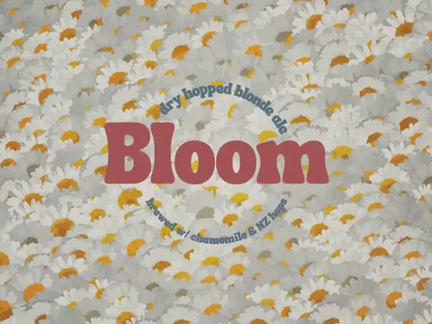 Text 'Bloom' on a floral patterned background with small text above and below.