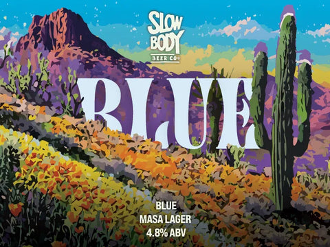 Artistic depiction of a desert landscape with cacti and 'Slow Body Beer Co.' branding on a colorful label.