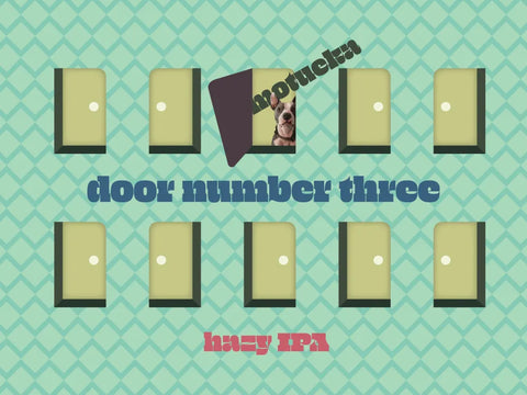 Beer label with door illustrations and text on a patterned background