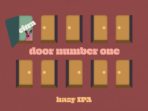 Illustration of doors with a dog door and text on a brown background