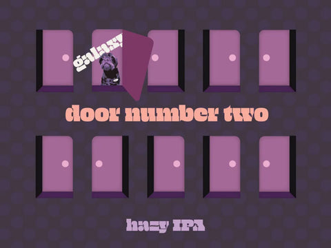 Illustration of a door with a dog peeking out, labeled 'door number two', on a purple background.