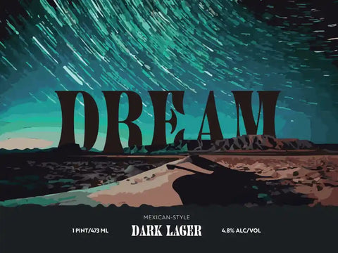 Dark Lager beer label with 'Dream' text and starry night sky design