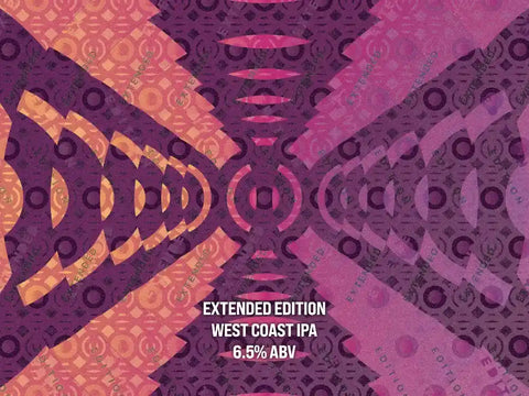 Patterned label for an Extended Edition West Coast IPA with text indicating ABV.