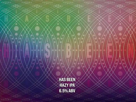 Colorful label with geometric patterns and text for Hazy IPA