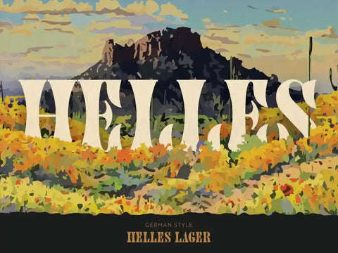 Helles Lager label with mountains and field