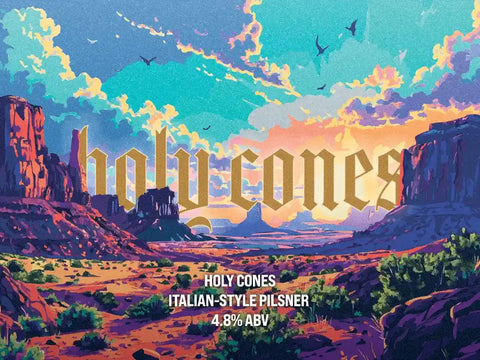 Desert landscape with 'Holy Cones' beer label text overlay