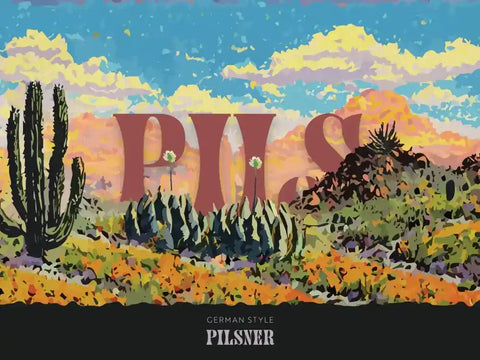 Colorful desert scene with cacti and the word 'Pils' against a sunset sky.