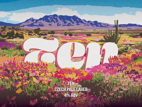 Desert landscape with flowers and mountains, featuring the brand 'TEN' for Czech Pale Lager.