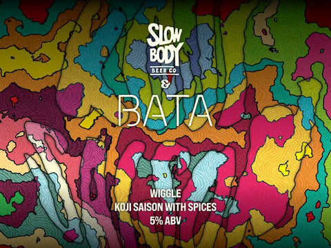 Colorful abstract design with 'Slow Body Beer Co' and 'BATA' branding.