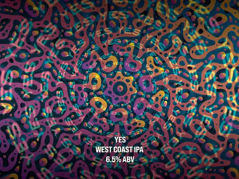 Colorful abstract pattern with 'YES' West Coast IPA branding